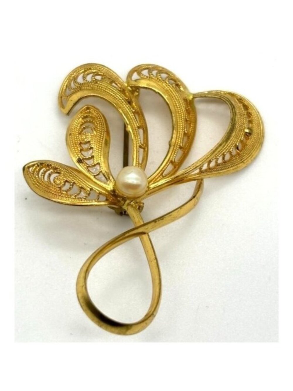 Vintage Gold Tone Filigree Swirl Brooch with Faux Pearl Marked "Western Germany"